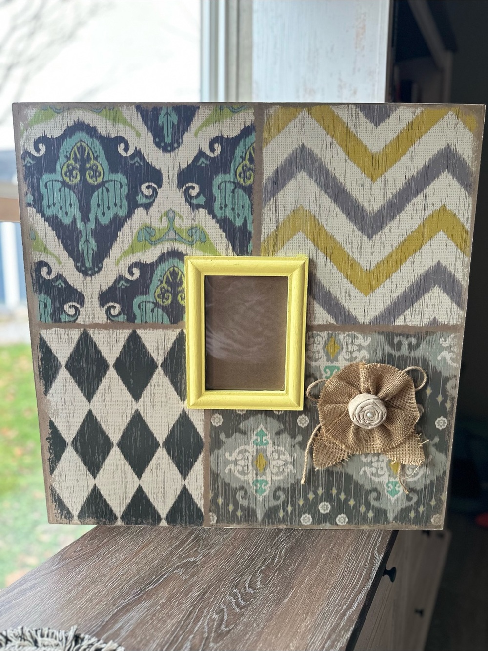 Distressed Chevron Patchwork Picture Frame 5"x7" with Yellow & Burlap Accents